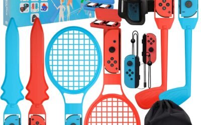Orzly Switch Sports Games 2024 Accessories Bundle Pack for Nintendo Switch & Switch OLED with Tennis Rackets, Golf Clubs, Chambara Swords, Soccer Leg Straps & Joycon Grips – With Carry Bag