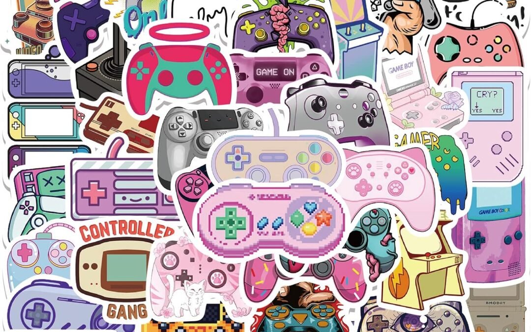 60pcs Color Gaming Stickers for Teen Water Bottle,Cool Cartoon Trendy Gamepad Stickers Fun Aesthetic Waterproof Vinyl Decals for Laptop Bumper Luggage Skateboard Guitar
