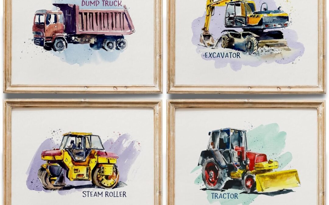 Boys Construction Trucks Set (Dump Truck, Excavator, Steam Roller, Tractor) Art Prints (Set of 4) – 8x10s | Perfect for Little Builders’ Rooms | Construction-Themed Artwork Featuring Trucks