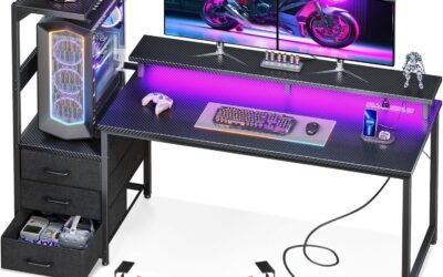 AODK 59 Inch Gaming Desk with USB Charging Ports & LED Light- Reversible Computer Desk with Storage Shelves & Monitor Stand, Modern Gamer Desk Table with Fabric Drawers & Side Hook, Carbon Fiber Black