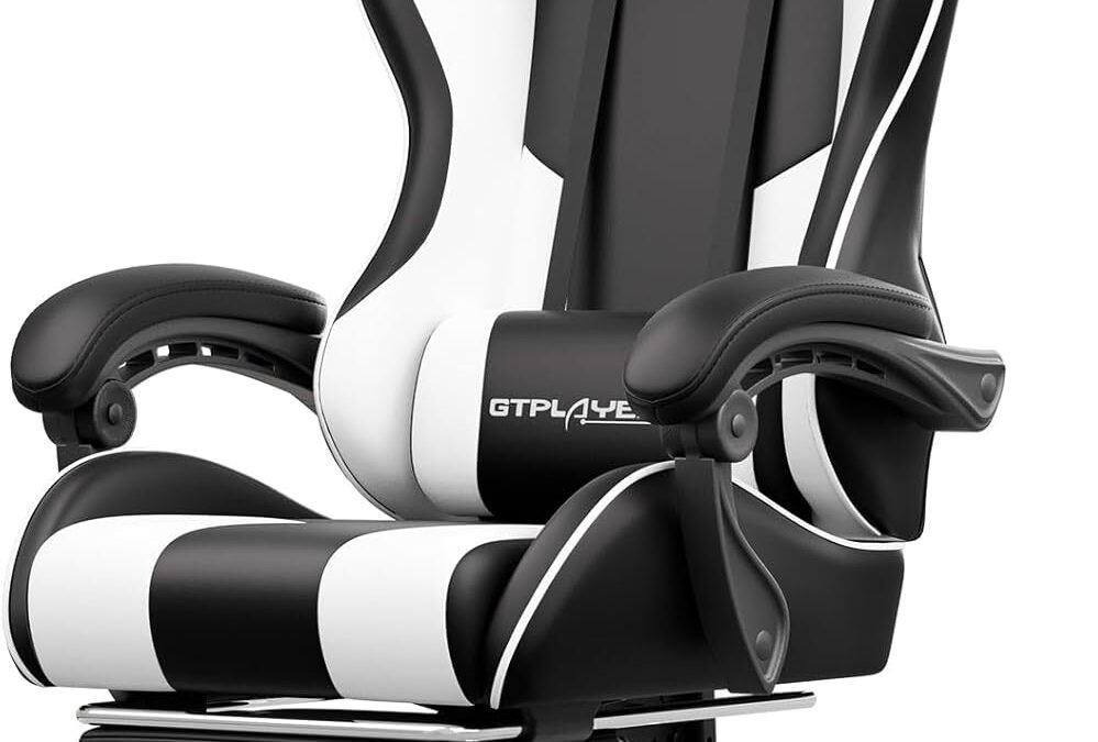 GTPLAYER Gaming Chair, Computer Chair with Footrest and Lumbar Support, Height Adjustable Game Chair with 360°-Swivel Seat and Headrest and for Office or Gaming (White)