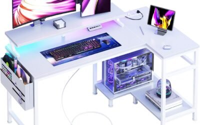 DUMOS Gaming Desk, Computer Desk with USB Charging Ports, Power Outlets, Type-C and LED Lights, Reversible L Shaped Desk with Storage Shelves & Monitor Stand for Office Gaming Room White 40IN
