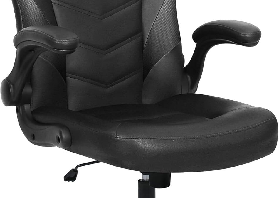 N-GEN Video Gaming Chair Ergonomic Computer Desk Office Chair with Lumbar Support Adjustable Height Swivel Wheels Flip-Up Arms PU Leather Home and Office (Black)