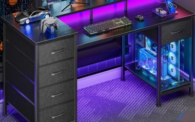 Korfile 47 Inch Gaming Desk with Power Outlets and LED Lights, Reversible Computer Desk with 5 Fabric Storage Drawers, Home Office Desk with Monitor Stand for Working Writing Study, Black