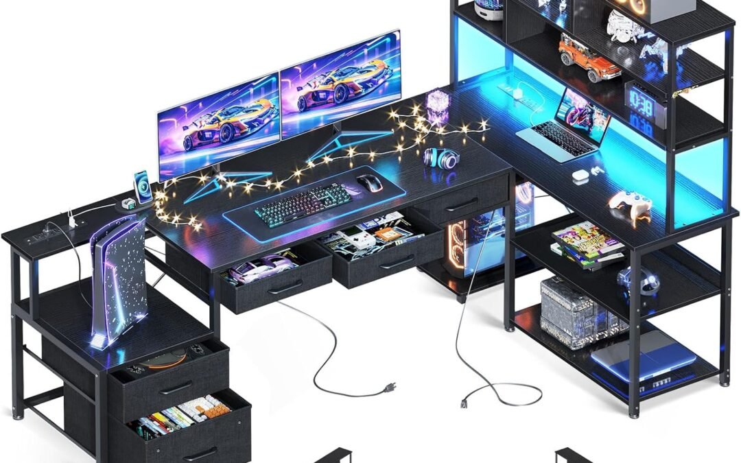 AODK 79 inch L Shaped Desk with 5 Drawers, Reversible L Shaped Gaming Desk with LED Light & 2 Power Outlets, Computer Desk with Storage Shelves for Home Office, Black