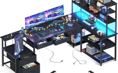 AODK 79 inch L Shaped Desk with 5 Drawers, Reversible L Shaped Gaming Desk with LED Light & 2 Power Outlets, Computer Desk with Storage Shelves for Home Office, Black