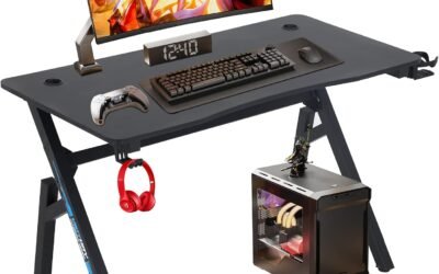 BestOffice | 47″ Gaming Desk | Blue | Carbon Fiber Textured Computer Desk | Sturdy Steel Frame, Cup Holder, Headphone Hook, Cable Management Holes, Adjustable Leg Pads | for Gamers, Home, Office