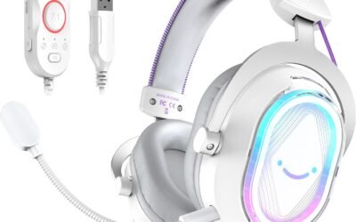 FIFINE USB Gaming Headset: Flowing RGB Lighting – 7.1 Surround Sound – Detachable Mic – Soft Ear Pads, Over-Ear Headset with Control Box, for PC, Laptop, Mac, PS5/PS4 – AmpliGame H13WP (White&Purple)