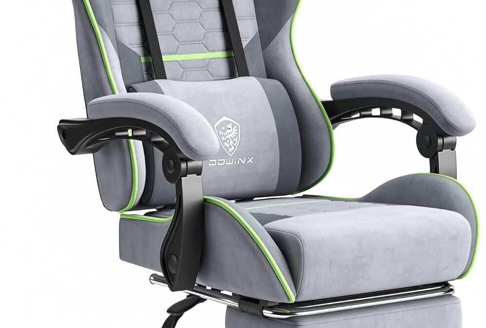 Dowinx Gaming Chair Fabric with Pocket Spring Cushion, Massage Game Chair Cloth with Headrest, Ergonomic Computer Chair with Footrest 290LBS, Light Grey