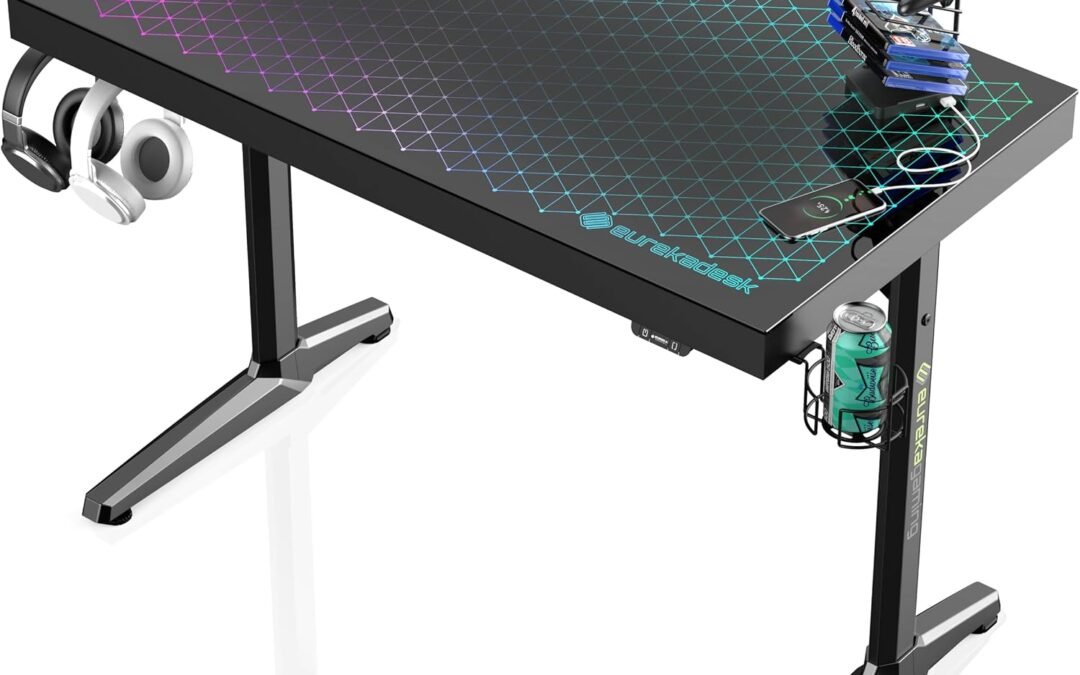 EUREKA ERGONOMIC RGB LED Gaming Desk, Music Sync Lights Up Tempered Glass Desktop, 43″ GTG I43 Home Office Computer Table W Controller Rack 4 USB Charging Ports, APP Control