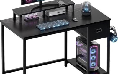 Pamray 39 Inch Computer Desk with Monitor Stand Small Home Office Desks with Non-Woven Storage Drawer for Bedroom Study Table Writing and Work Desk Black