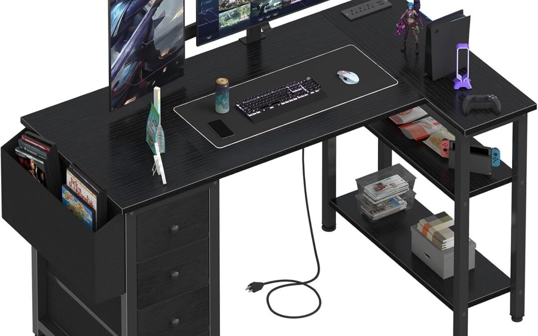 Lufeiya L Shaped Gaming Desk with Power Outlet, 47 Inch Reversible Corner Computer Desk with Drawers & Storage Shelves for Home Office Bedroom, L-Shaped Teen PC Desks with Fabric Drawer, Black