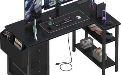 Lufeiya L Shaped Gaming Desk with Power Outlet, 47 Inch Reversible Corner Computer Desk with Drawers & Storage Shelves for Home Office Bedroom, L-Shaped Teen PC Desks with Fabric Drawer, Black