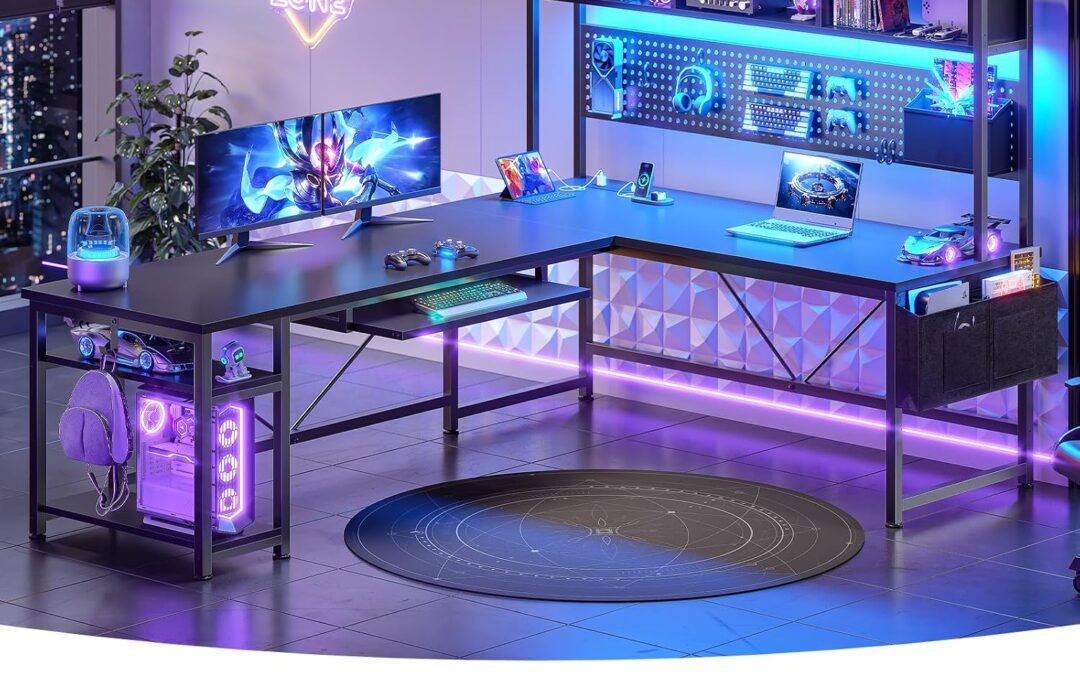 SEDETA 67″ L Shaped Gaming Desk with Pegboard LED Lights and Power Outlet