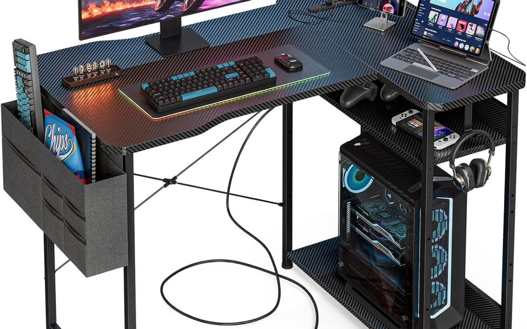 Acrolix L Shaped Gaming Desk 40 Inch – Computer Corner Desk with Power Outlets, Reversible Shelves & Storage Bag for Home Office, PC Gaming Table, Black Carbon